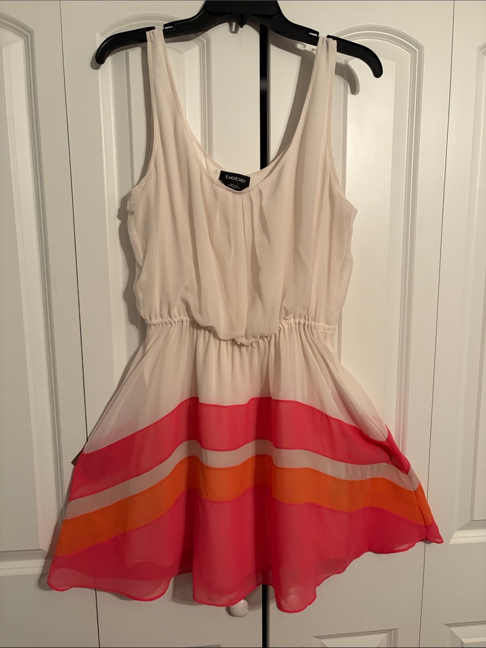 bebe Cream Dress with Pink and Orange Stripe Hem